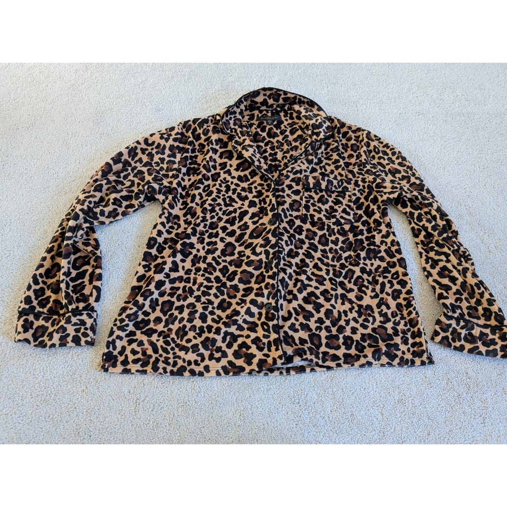 Donna Karan Sleepwear Button Front Cozy Sleep Shirt Medium Leopard Print